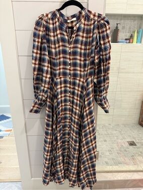 NWT Doen Plaid Button-Front Long Sleeve Midi Dress - Blue, Cream, Brown
